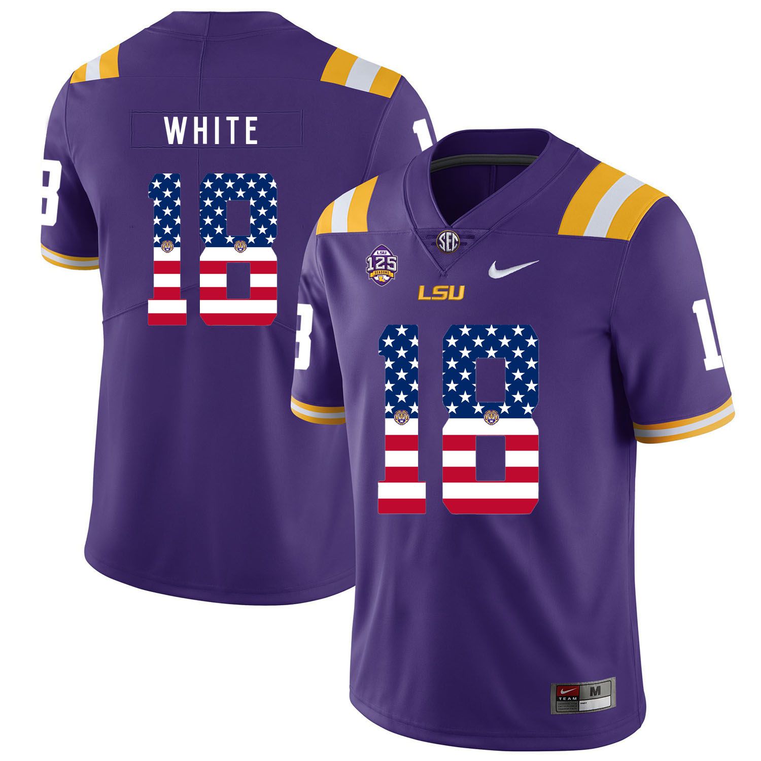 Men LSU Tigers 18 White Purple Flag Customized NCAA Jerseys